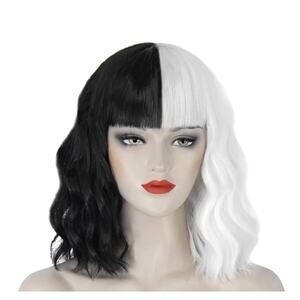14" Short Curly Bob Black White Wavy Cruella Deville Wig Halloween Cosplay